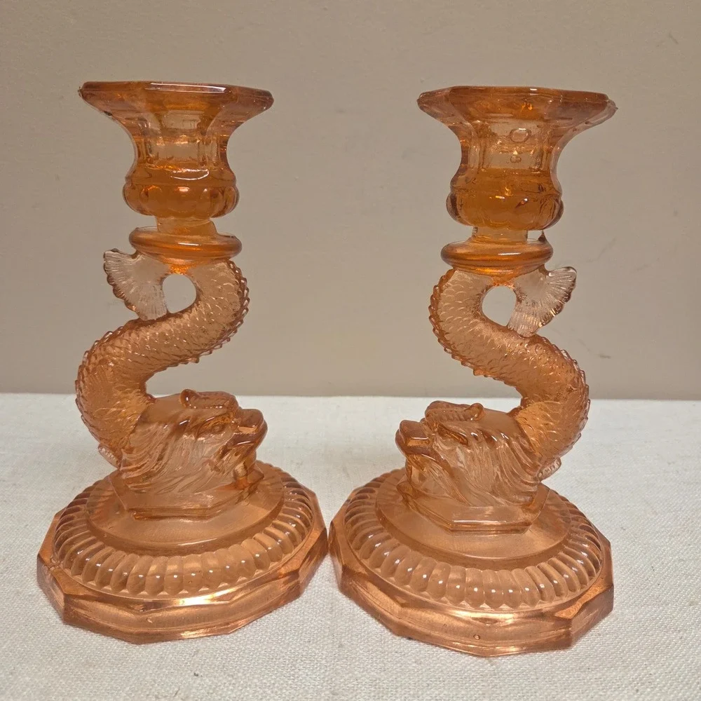 Vintage Pink Depression Glass Koi Fish Candlestick Holders Pair